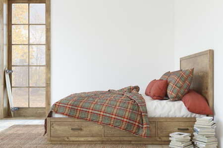 Teen bedroom. interior mockup. Bedroom for boy in classical style. 3d rendering.の写真素材