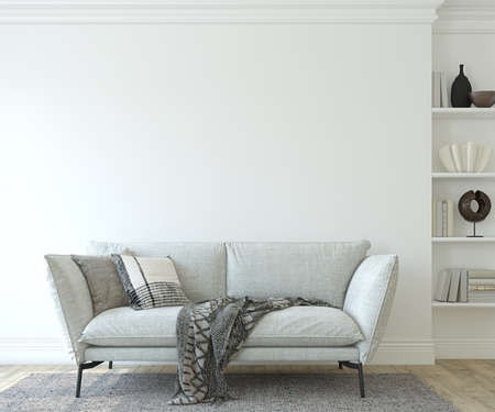 Modern living room interior. interior mockup. The gray couch near the empty white wall. 3d rendering.の写真素材