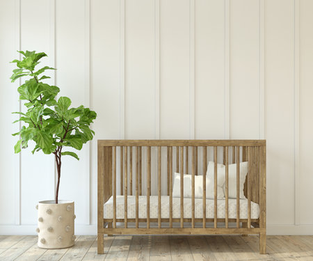 farmhouse nursery. The wooden crib near white wall. Interior mock-up. 3d rendering.の写真素材