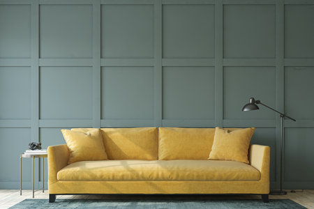 Modern living room interior. interior mockup. The yellow couch near empty dark wall. 3d rendering.の写真素材