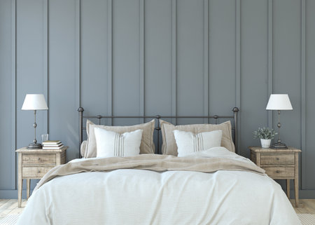 Bedroom interior in farmhouse style. 3d rendering.の写真素材