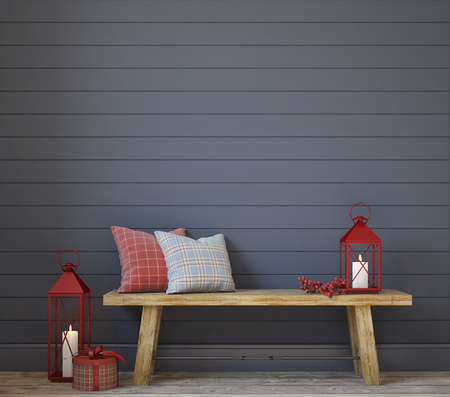 Christmas farmhouse entryway. Wooden bench near gray shiplap wall. interior mockup. 3d rendering.の写真素材