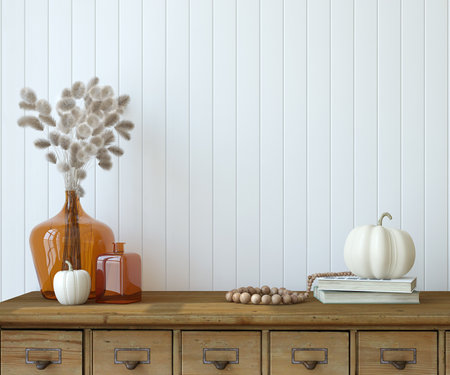 interior mockup. Interior with the fall decor. autumn decor. farmhouse interior. 3d rendering.の写真素材