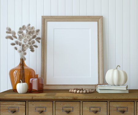 frame mockup. Interior with the vertical frame with fall decor. autumn decor. interior decor. farmhouse interior. 3d rendering.の写真素材