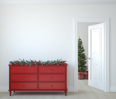 Christmas interior. Christmas farmhouse entry. interior mockup. 3d rendering.の写真素材