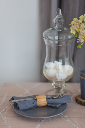 Served table in gray colors, lunch Rusticの写真素材