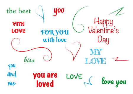 Typographic design text set for Valentine day. Modern elements for business, banner or decoration. Love day messages concept.のイラスト素材