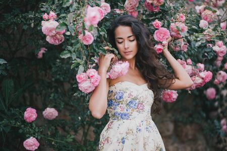Young beautiful woman with long healthy curly hair wearing pink vintage dress and posing in garden with lots of wild roses.の写真素材