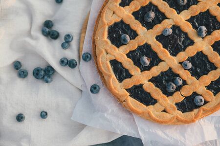 Fresh home made blueberry pie with jam and fresh berries close up.の写真素材