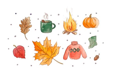 Hand drawn watercolor cozy autumn isolated on white background.の写真素材