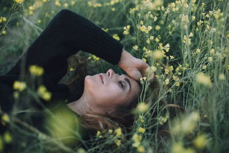 Young beautiful woman with a bright shining glittering make up lying on a green meadow with yellow...