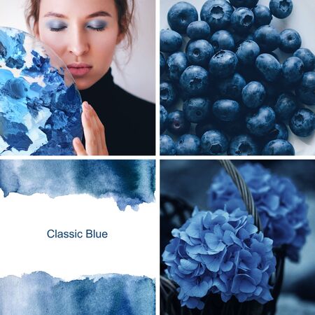 Collage toned in blue trendy color 2020. Inspiration pictures.の写真素材