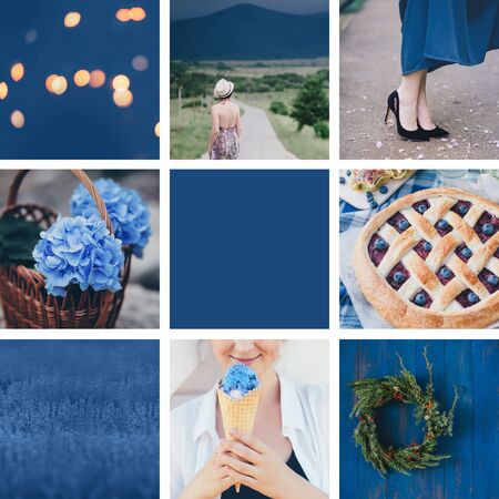 Collage toned in blue trendy color 2020. Inspiration pictures.の写真素材