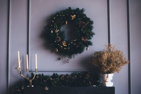 Modern Christmas interior. Decorated holiday festive home.の写真素材