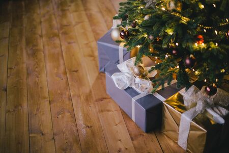 Modern Christmas interior. Decorated holiday festive home.の写真素材