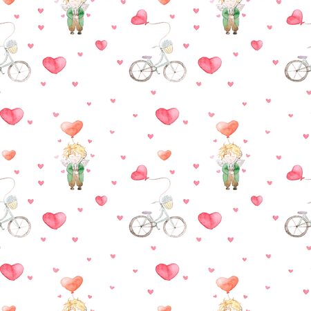 Hand drawn watercolor seamless pattern with Cupid and vintage bicycle and hearts on white isolated background. Valentines day.の写真素材