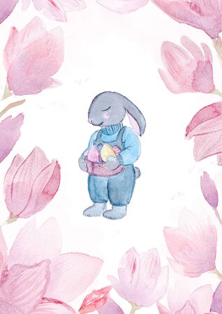 Watercolor hand drawn Easter bunny with eggs and flower wreath isolated on white background.の写真素材