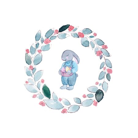 Watercolor hand drawn Easter bunny with eggs and flower wreath isolated on white background.の写真素材