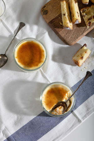 Creme brulee. Traditional French vanilla cream dessert. Burned cream, burnt or Trinity creme. Spanish crema catalanaの写真素材