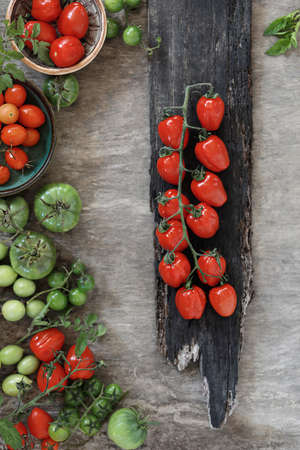 Red and green tomatoes on wooden background, cooking food. Rustic food background, top viewの写真素材