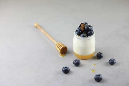 Homemade Italian dessert panna cotta with fruits jelly, fresh blue berries and honey on gray background.の写真素材