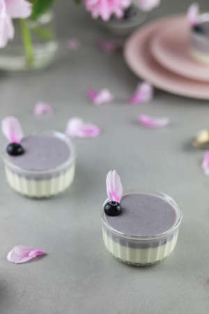 Homemade Italian dessert panna cotta with blue berries and peony flowers on gray background. Bicolor panna cottaの写真素材