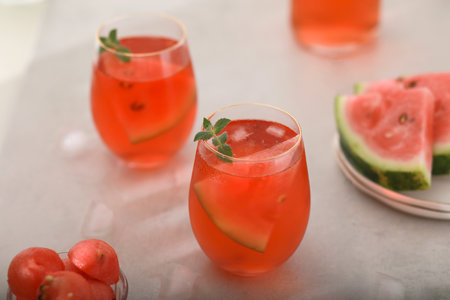 Watermelon cocktail with lemon and mint. Refreshing lemonade close upの写真素材