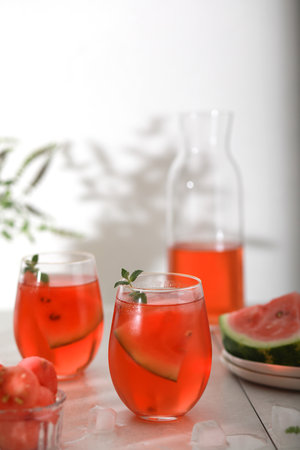 Watermelon cocktail with lemon and mint. Refreshing lemonade close upの写真素材