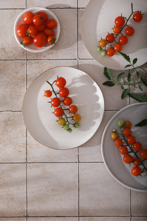 Fresh red cherry tomatoes on branch on white plates. Top viewの写真素材