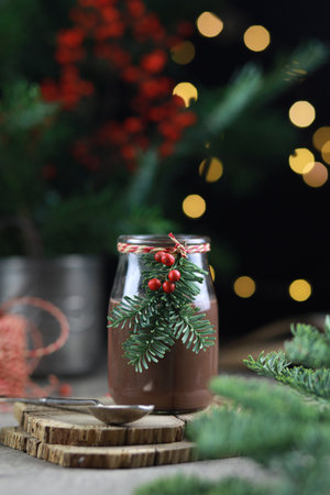 Hot chocolate in glass jar decorated with fir and red berries on festive rustic background.の写真素材