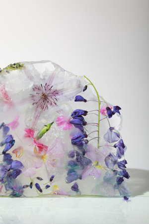 Garden flowers frozen in ice. Ice stone with frozen flowers. Abstract flowers backgroundの写真素材
