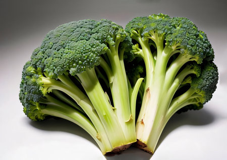Fresh green broccoli close-up on white background studio shootingの素材