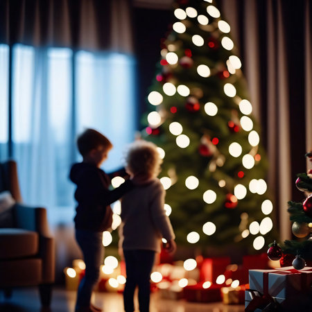 Children decorate Christmas tree evening blurred lightsの素材