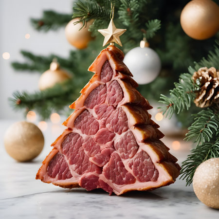 A piece of fresh meat in the shape of a Christmas tree. Christmas tree toy made of meat against the background of a decorated Christmas tree.の素材