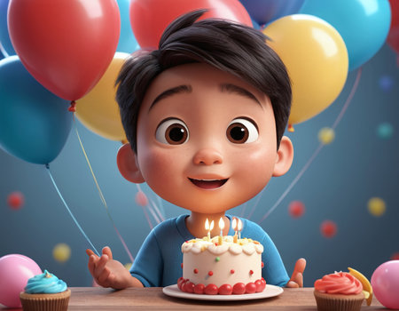 3D render of an Asian boy with cake and balloons at a birthday party, studio shootingの素材