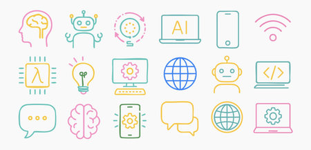 Set of linear icons of artificial intelligence. Vector illustration in a flat style.のイラスト素材
