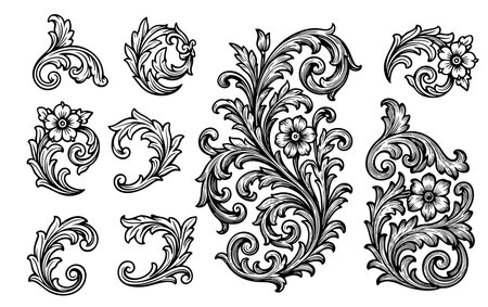 Vector set of vintage baroque ornament elements in the style of ink drawing. Retro pattern antique style acanthusのイラスト素材