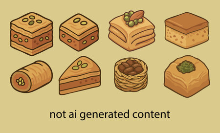 A detailed baklava vector illustration set featuring classic Middle Eastern and Mediterranean desserts. Each piece represents different baklava variations such as Turkish pistachioのイラスト素材
