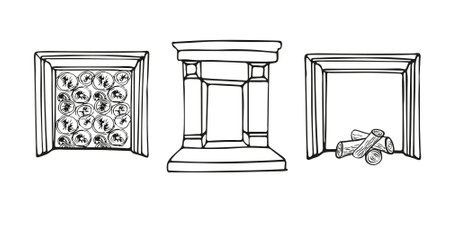 Hand drawn retro fireplaces set. Vector illustration. Isolated on white backgroundの写真素材