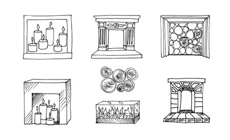 Hand drawn retro fireplaces set. Vector illustration. Isolated on white backgroundの写真素材