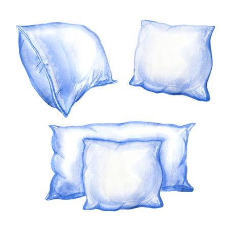 Pillows set watercolor illustration, isolated on white background Four pillows with pillow casesの写真素材