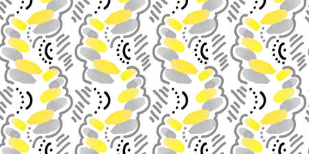 Seamless brushstrokes pattern. Gray, yellow and black watercolor stripes on white background. Design for prints on fabrics, textile, covers, paper, wallpaper, interior, patchwork, wrappingの写真素材