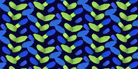 Seamless brushstrokes pattern. Blue and yellow-green watercolor stripes on dark blue background. Design for prints on fabrics, textile, covers, paper, wallpaper, interior, patchwork, wrappingの写真素材