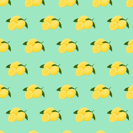 Seamless pattern with lemon on green background. Continuous one line drawing lemon. Black line art on green background with colorful spots. Vegan conceptのイラスト素材