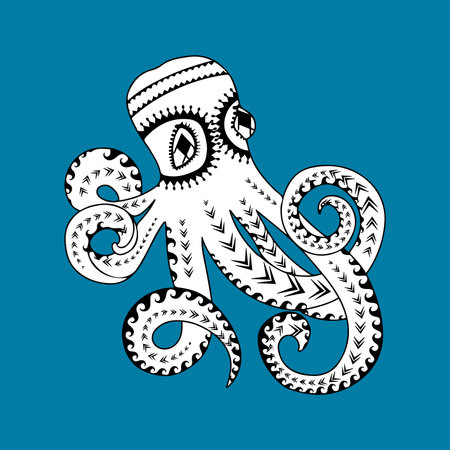 Octopus sea animal coloring book for adults vector illustration. Anti-stress coloring for adult. Black and white lines. Lace patternのイラスト素材