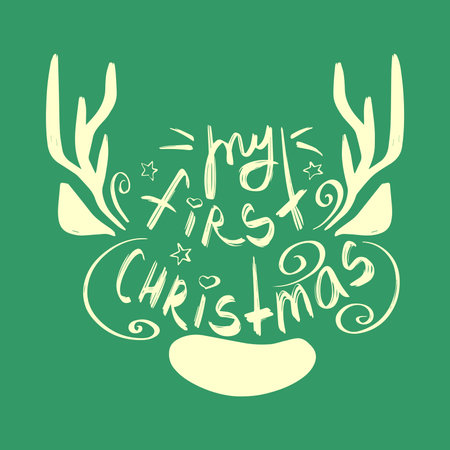 My first Christmas vector illustration. Brush calligraphy white background. Hand drawn lettering for Xmas greetings cards, invitations, Good for baby t-shirt, mug, gifts.のイラスト素材