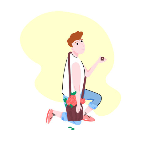 Romantic man is standing on his knee with a diamond ring.のイラスト素材