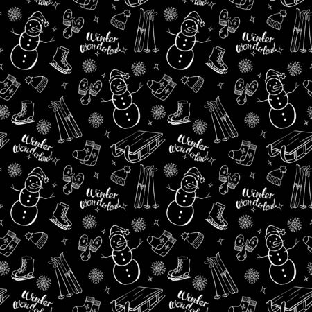 Winter objects vector seamless pattern on black background. Isolated doodle set. Winter wonderland. Snowman, skates, hat, mittens, sleigh, ski.のイラスト素材