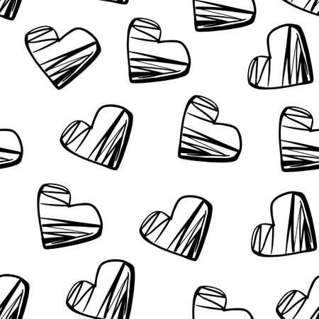 Heart black line sketch on white background. Seamless pattern. Valentine day.のイラスト素材