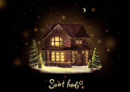 Christmas card with magic holiday houseの写真素材